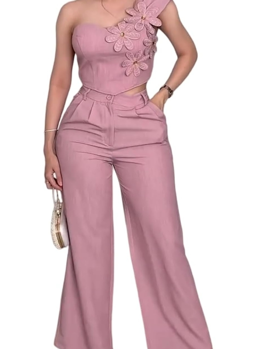 One-Shoulder Floral Appliqué Wide-Leg Pants Set - Pink